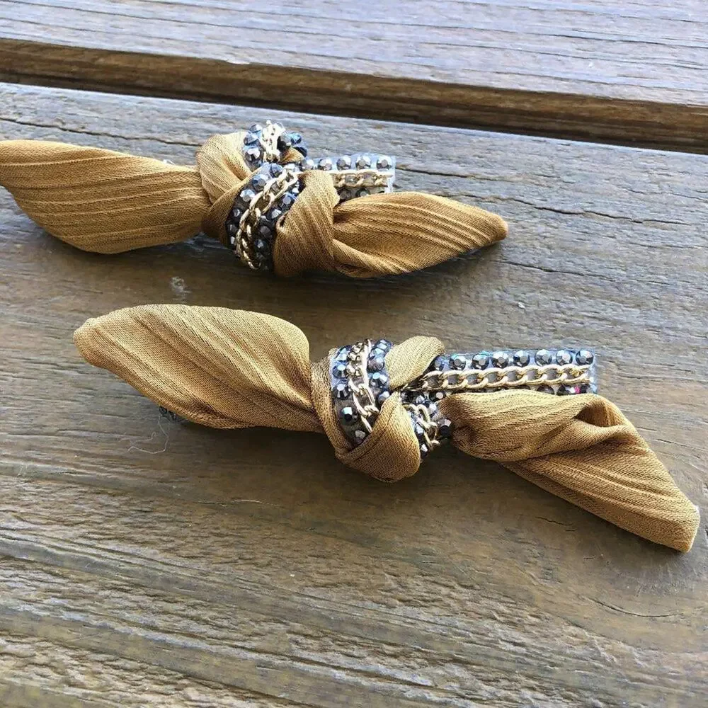 Two Mustard Gold Ribbon & Beaded Hair Accessory